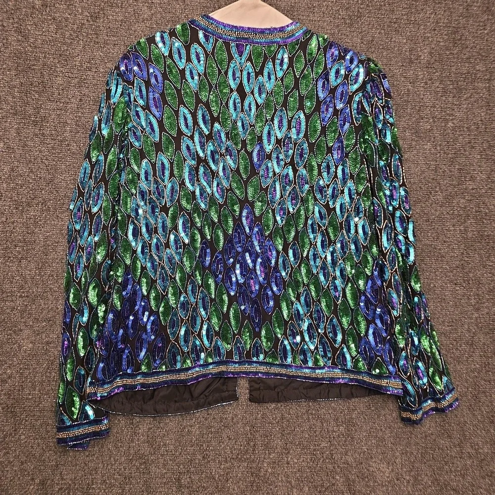 Vtg‎ Laurence Kazar Jacket Womens Large Multicolor Silk Beaded Sequin Peacock